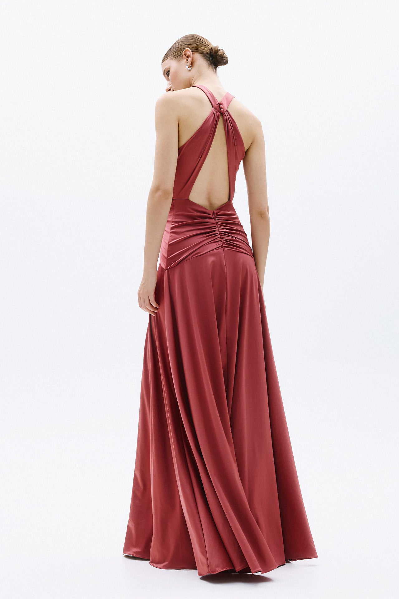 Ruby red satin open back evening gown with halter neckline back view