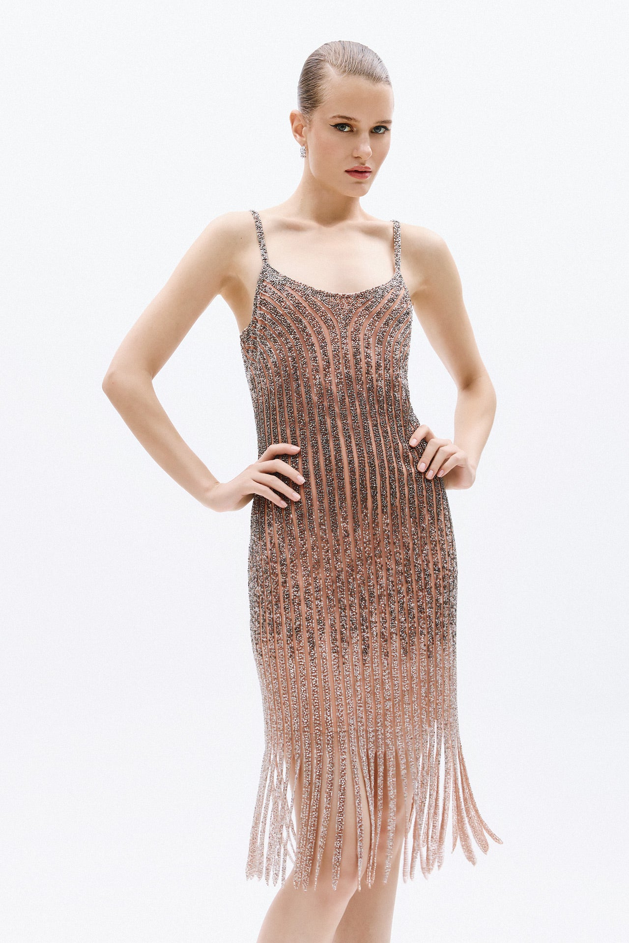 Elegant blush evening dress crystal details