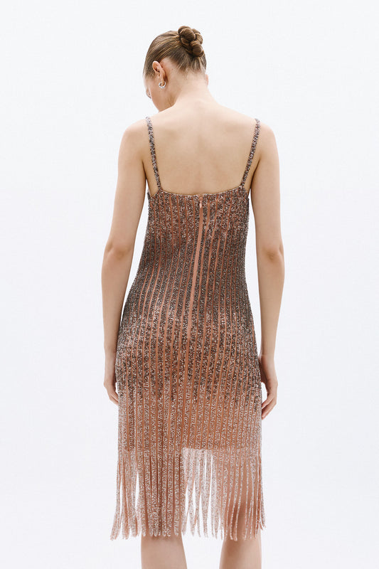 Rose gold beaded fringe cocktail dress