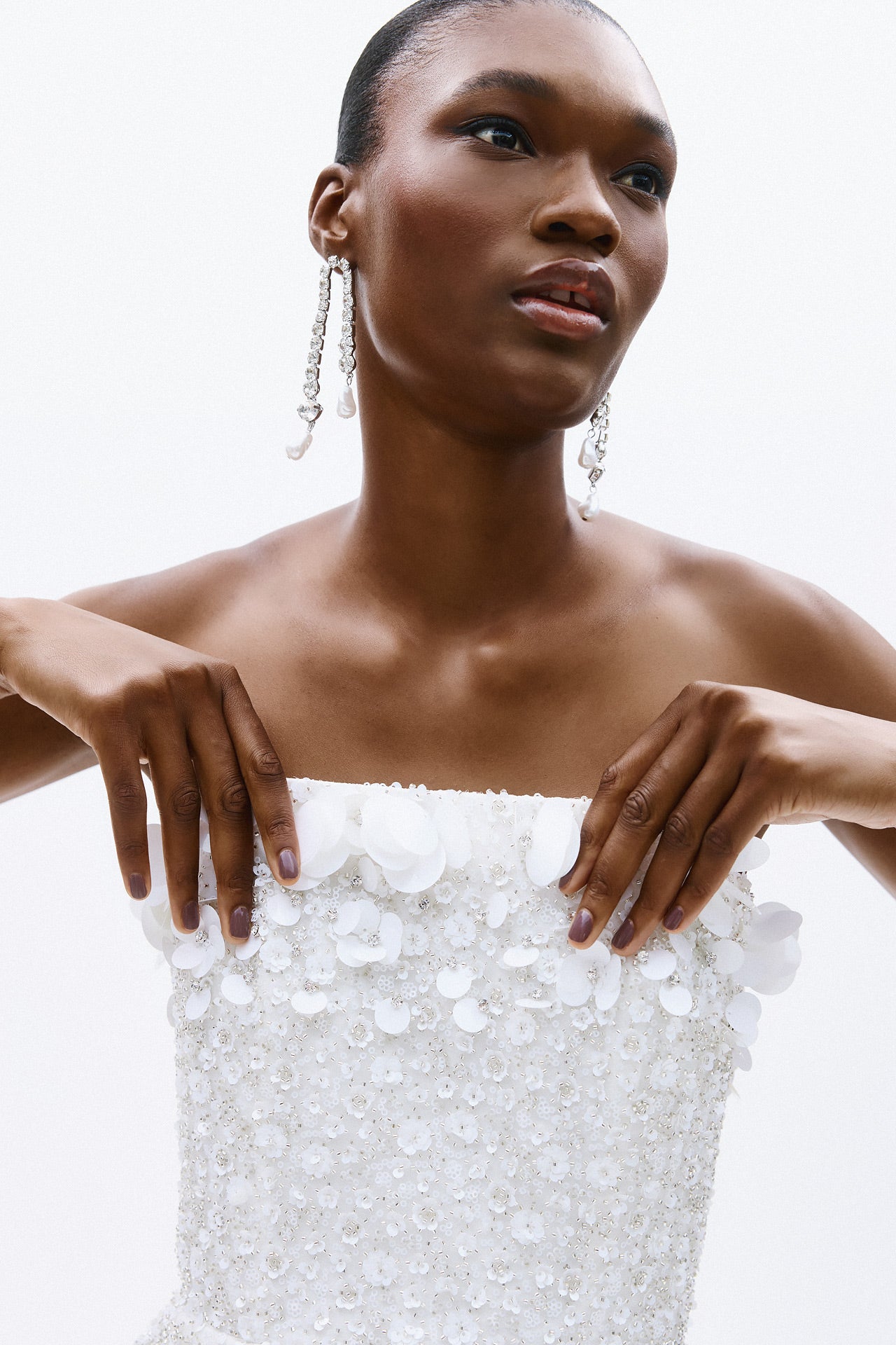 Strapless white cocktail dress floral texture