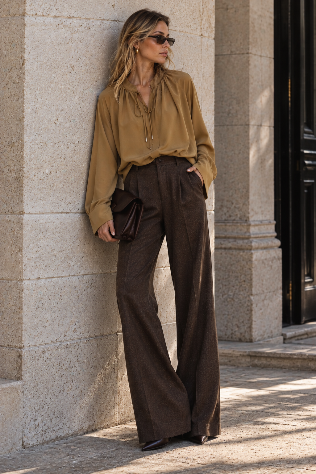 Ottod’Ame khaki brown blouse with drawstring neckline and long sleeves