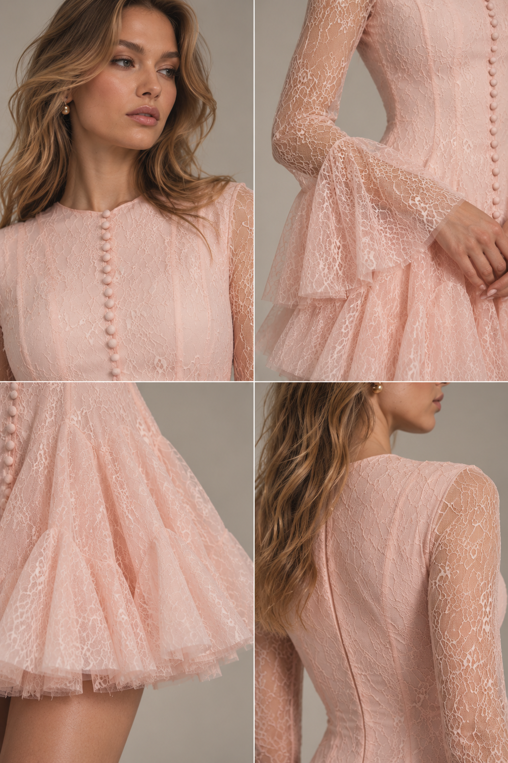IRA Livia pink lace mini dress with sheer sleeves and covered buttons
