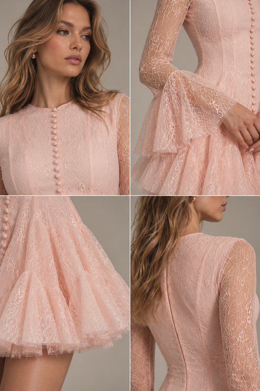 IRA Livia pink lace mini dress with sheer sleeves and covered buttons