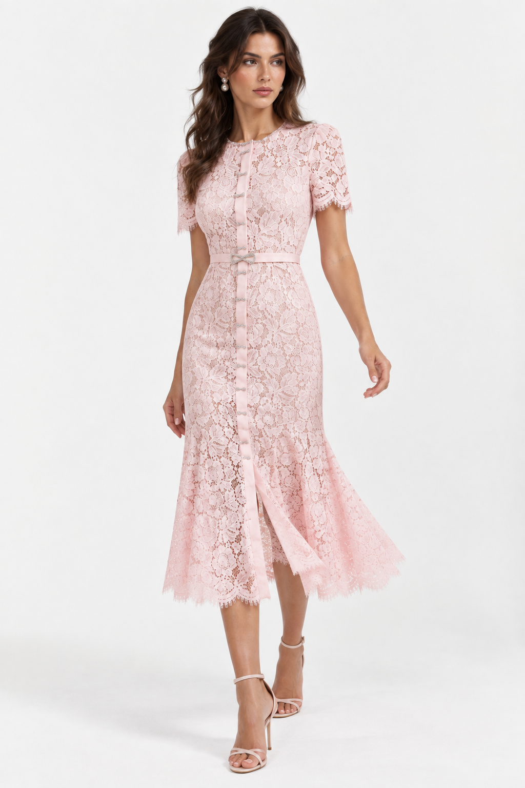 CELINE Pink Lace Belted Midi Dress