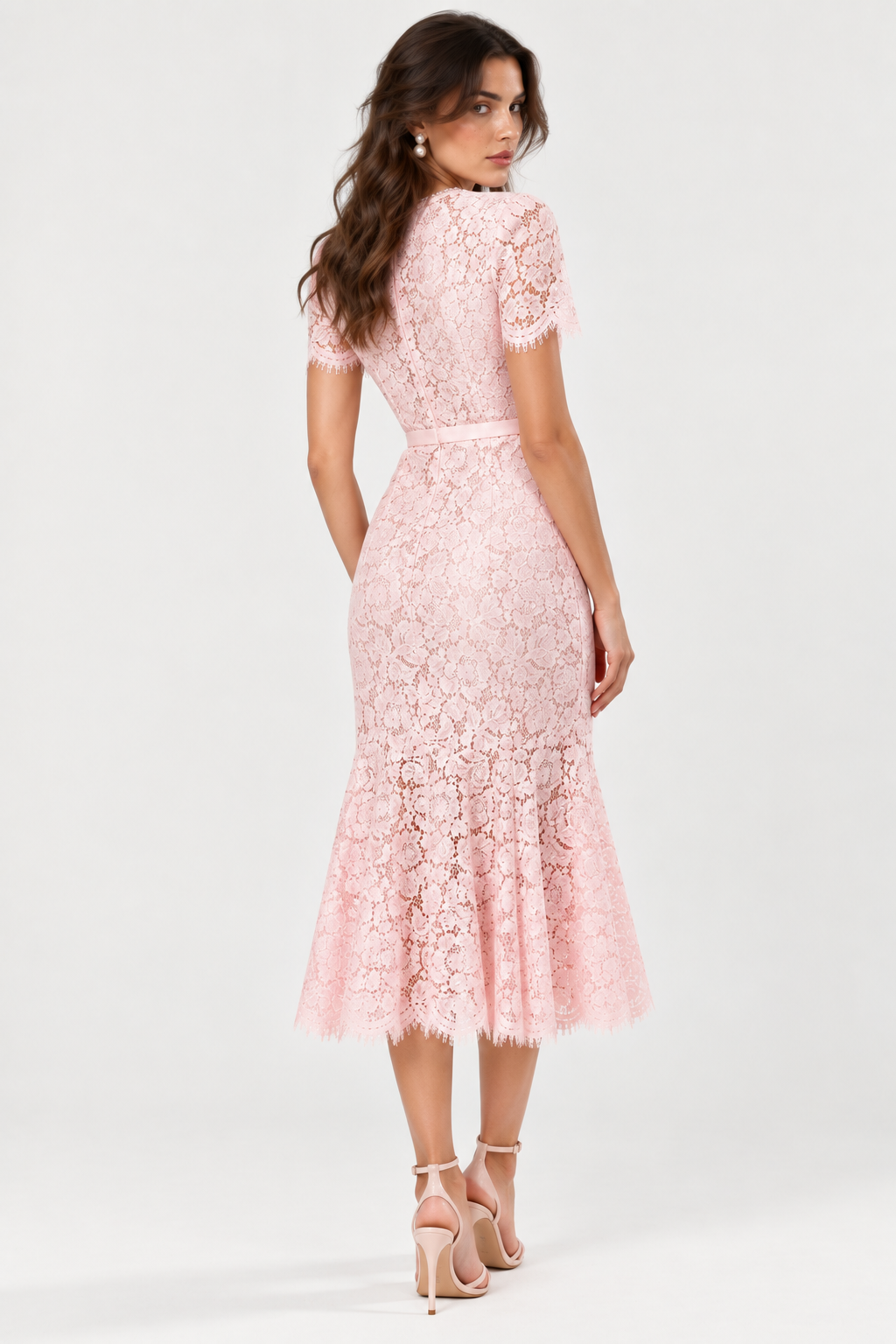 CELINE Pink Lace Belted Midi Dress