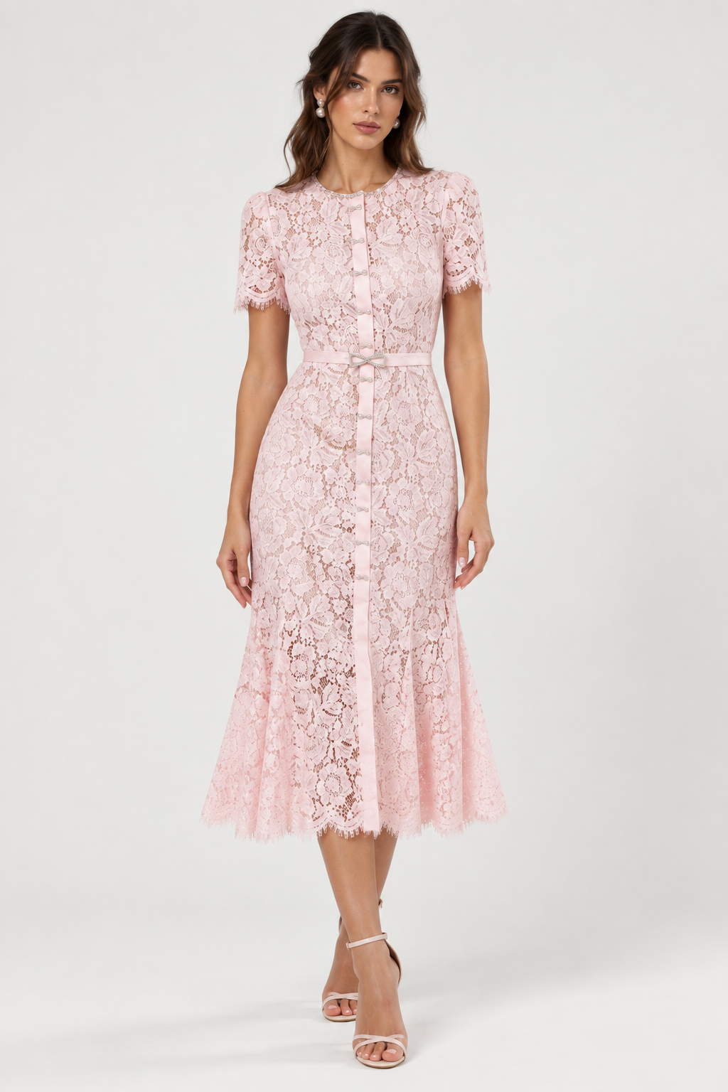 CELINE Pink Lace Belted Midi Dress