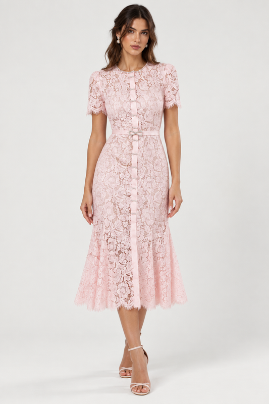 CELINE Pink Lace Belted Midi Dress