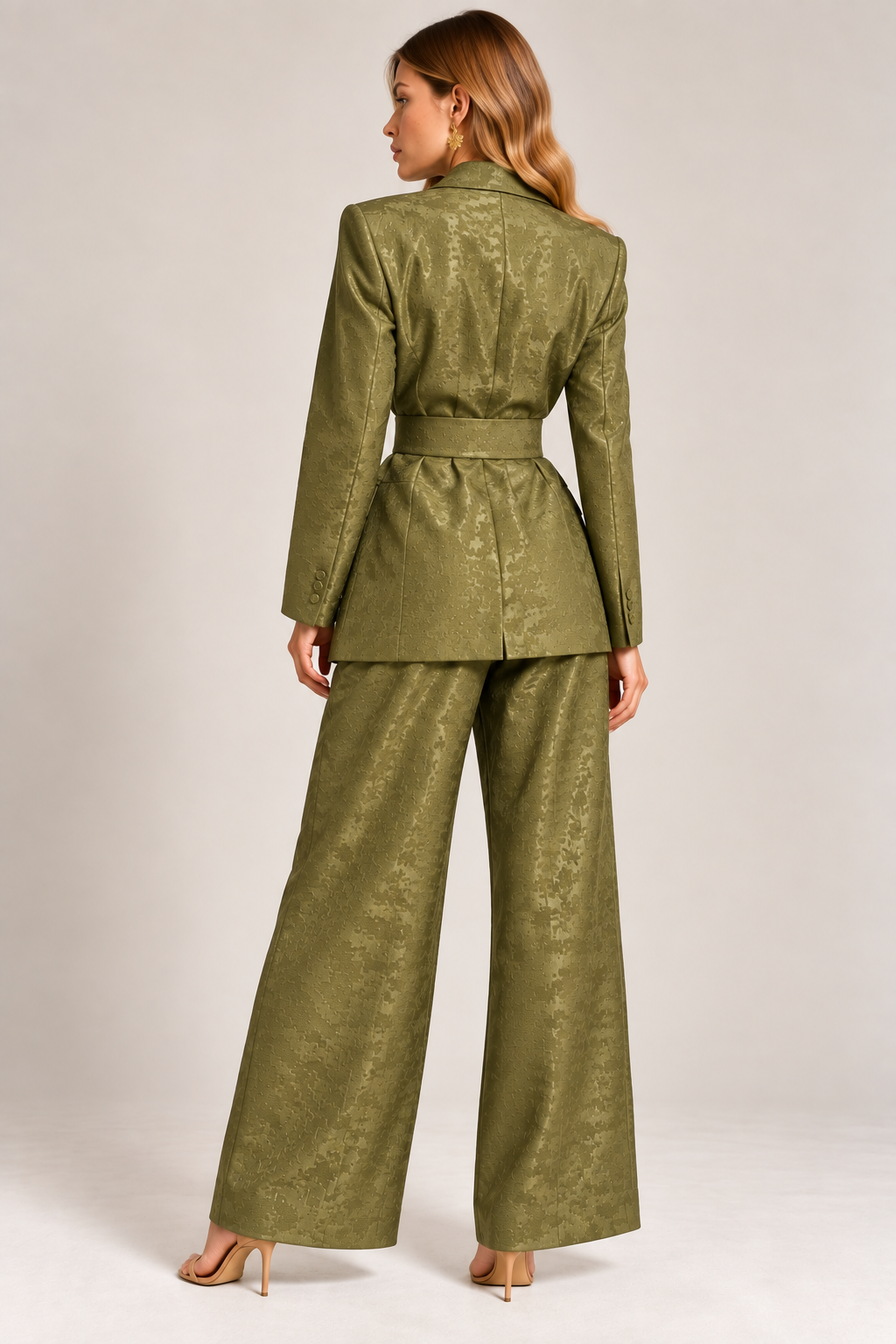 KateJo Collections olive green Tetris print blazer textured fabric close-up