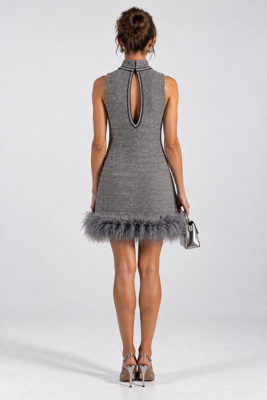 PHO Firenze Aveline silver feather trim mini dress back view