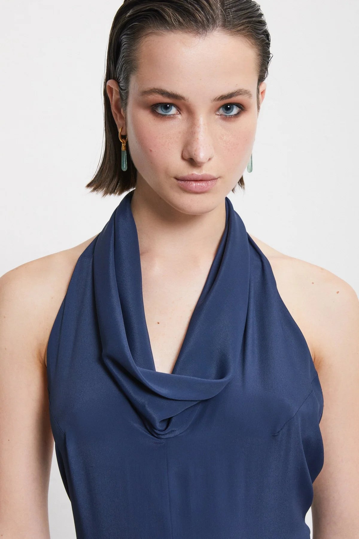 Navy Silk Halter Midi Dress