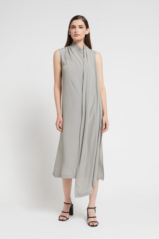 grey silk blend midi dress scarf detail