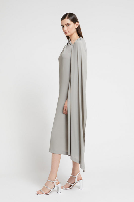 flowing silk blend midi dress side view