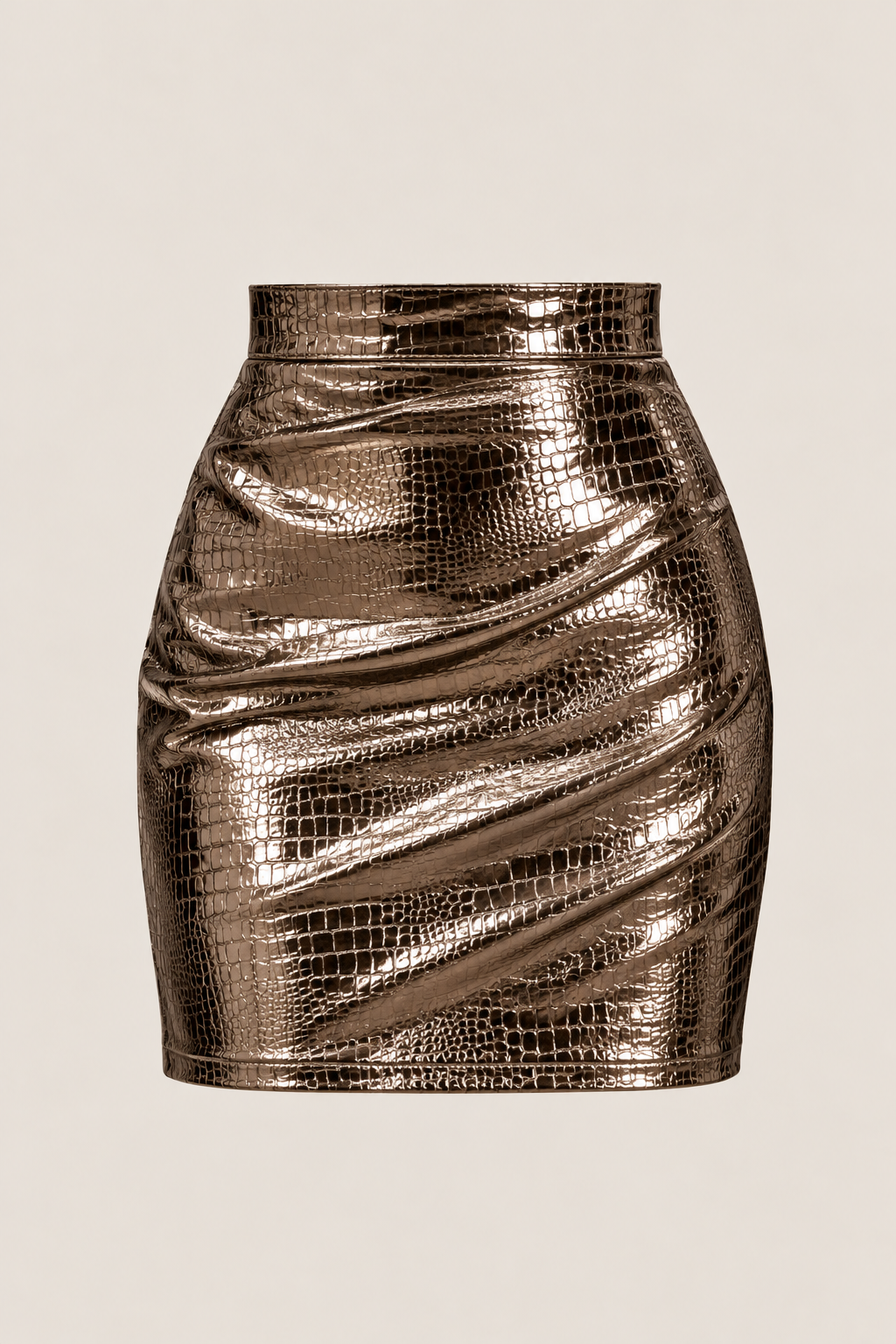 Close-up of the metallic finish and texture of the mini skirt.