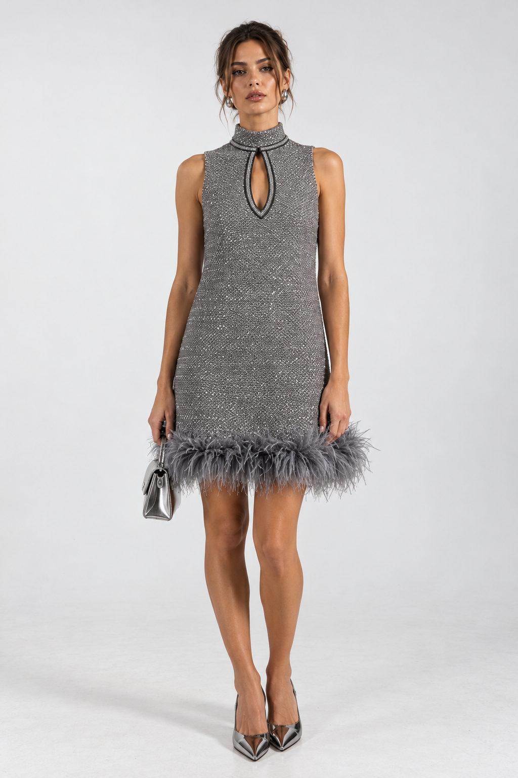 Aveline silver feather trim keyhole mini dress