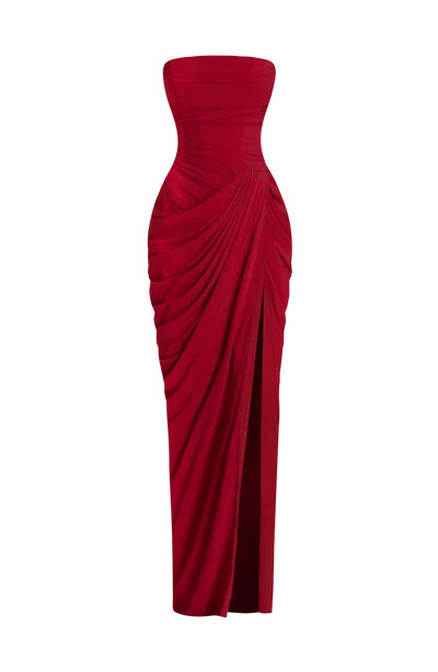 Emilia Crimson Red strapless corset gown. SOPHiEL