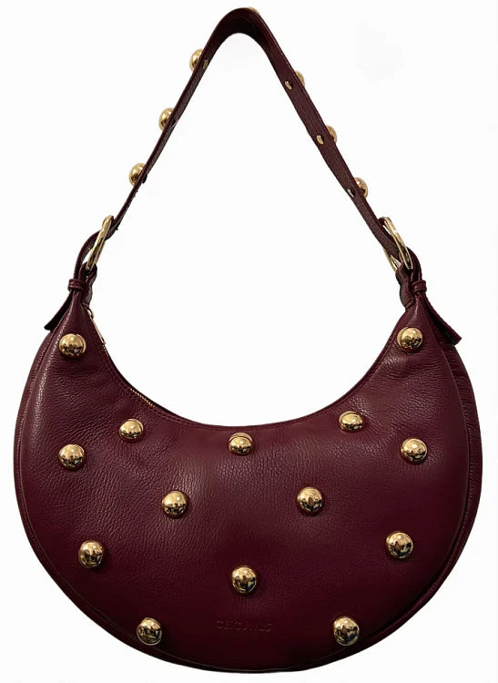 Burgundy Studded Leather Hobo Bag