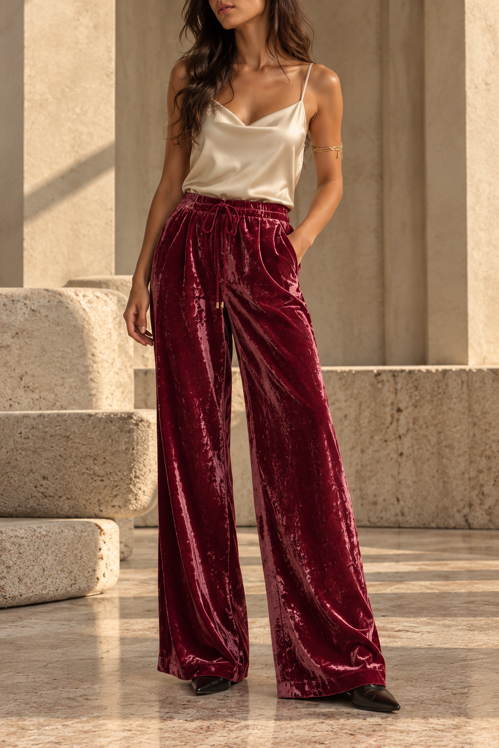 Red velvet palazzo trousers styled in an elegant evening look. SOPHiEL