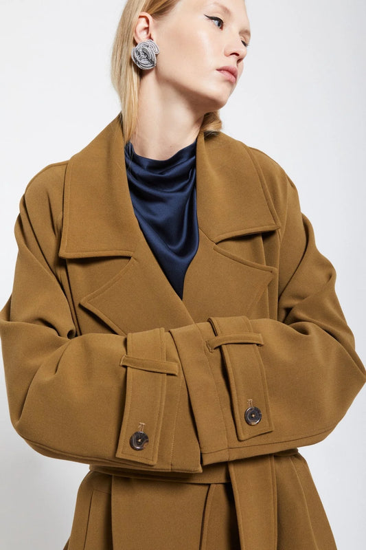 Close-up of the camel trench coat's oversized lapels, buttons and cuff details