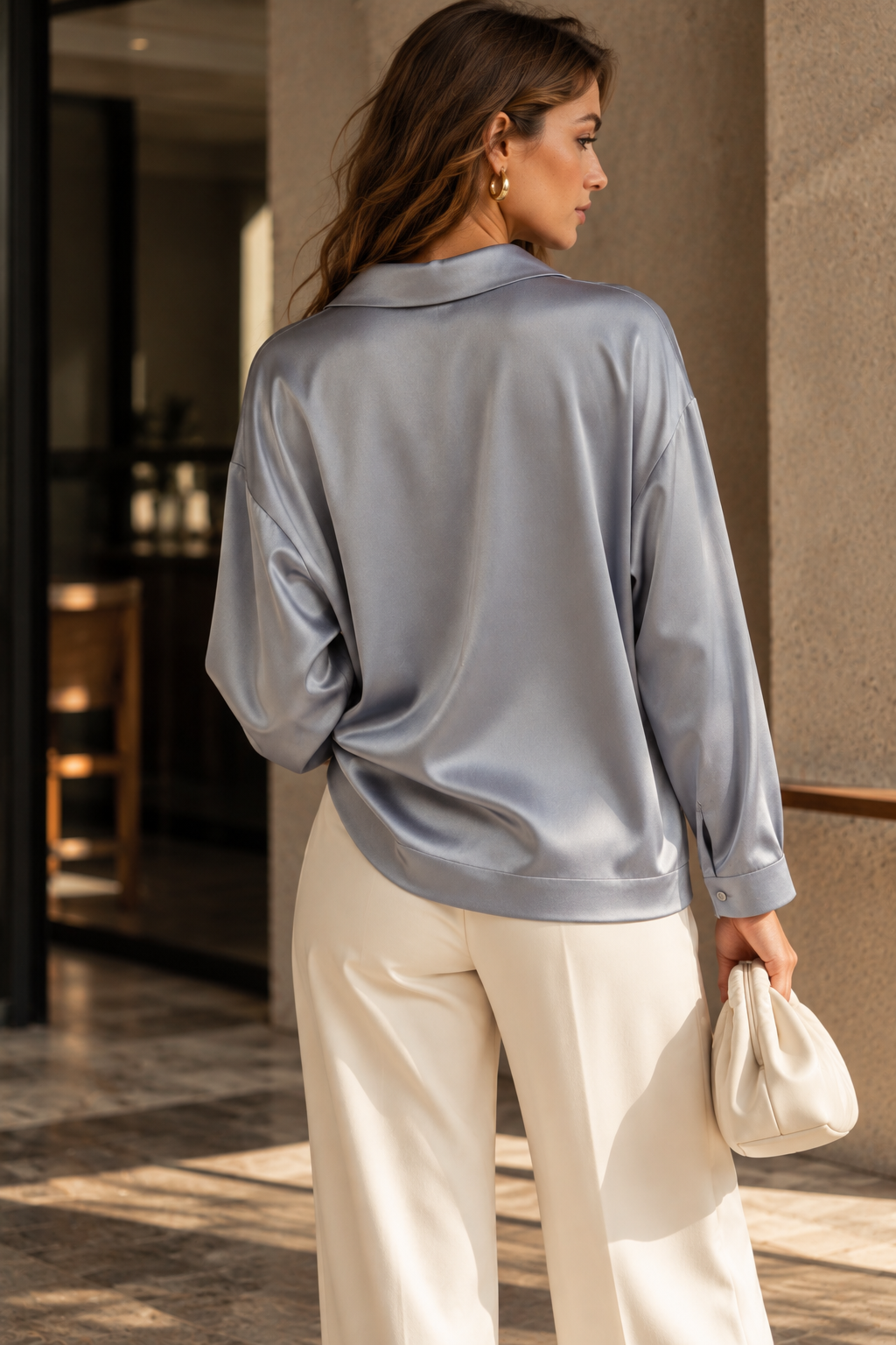 Grey Viscose Blouse with Drawstring