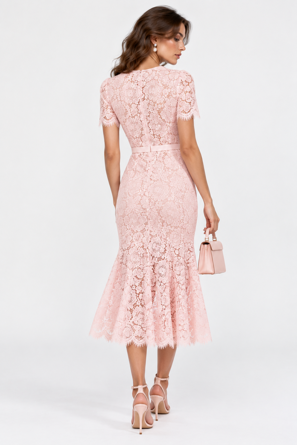 CELINE Pink Lace Belted Midi Dress