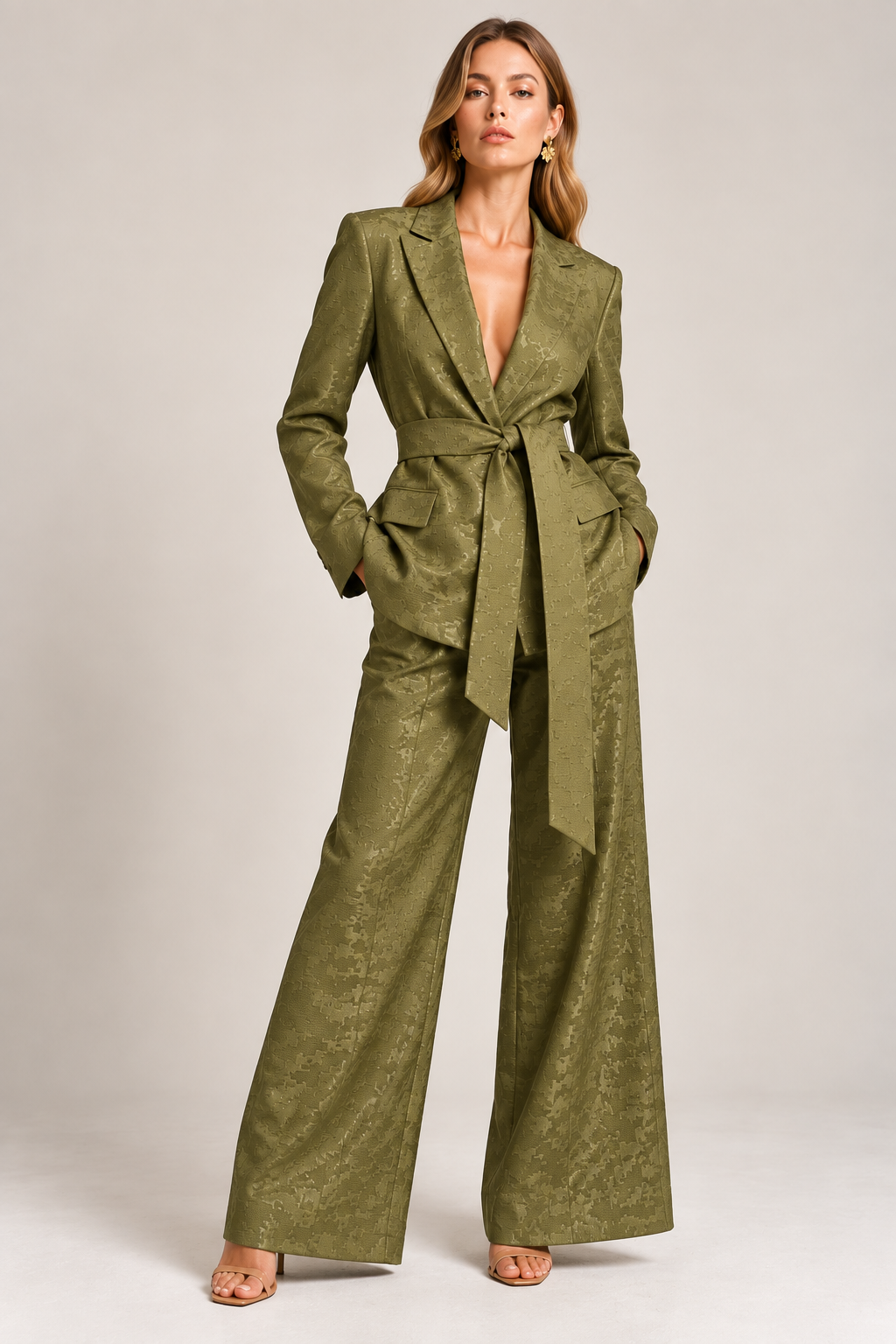 KateJo Collections olive green Tetris print oversized blazer front view