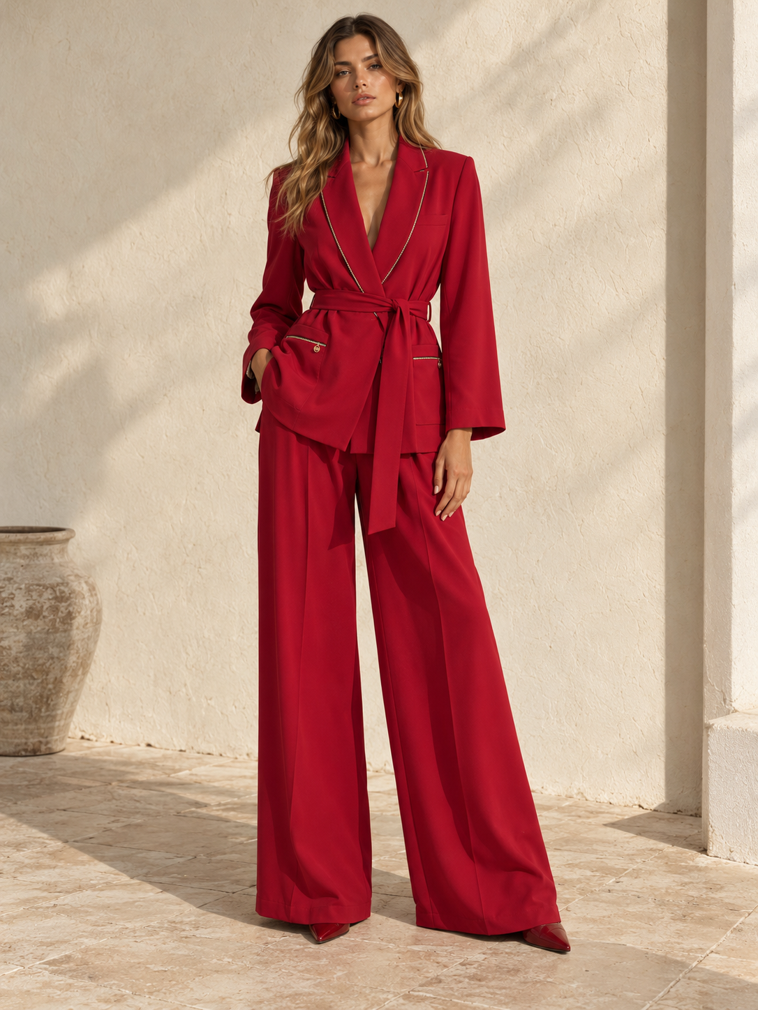 Red Wide-Leg Trousers with Gold Chain Trim