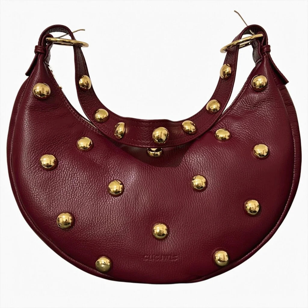 Burgundy Studded Leather Hobo Bag