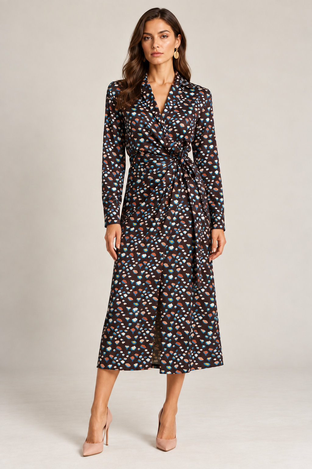 Abstract Print Midi Wrap Dress