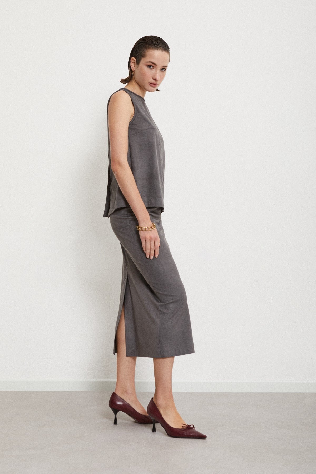 Midi Skirt Leather Effect with Slit