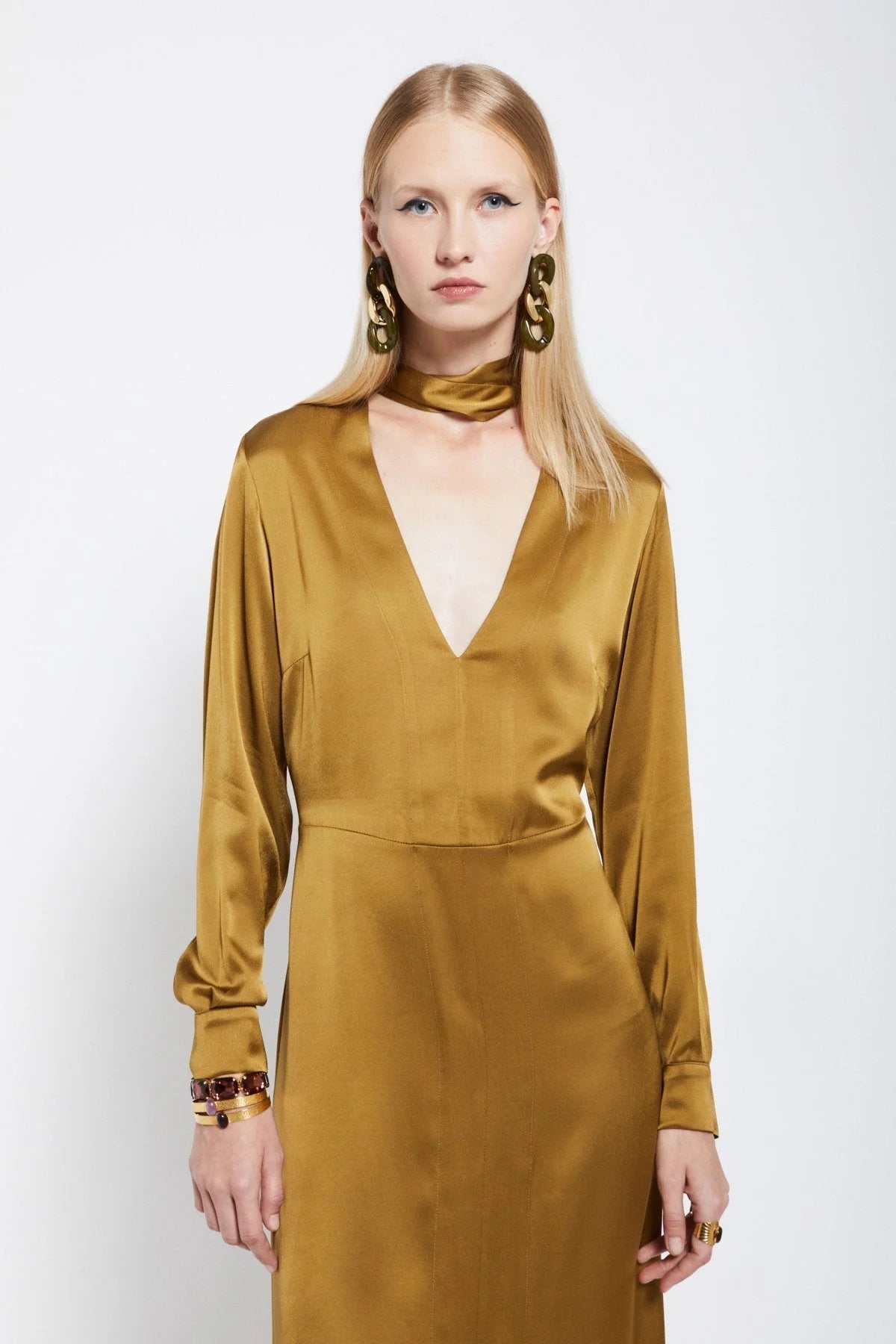 Pure Viscose long dress with V neck