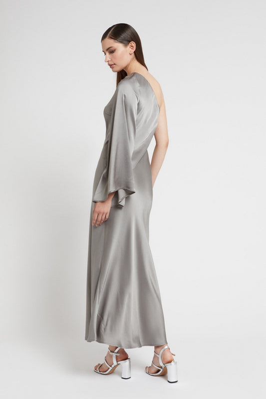 Side view one shoulder draped evening dress