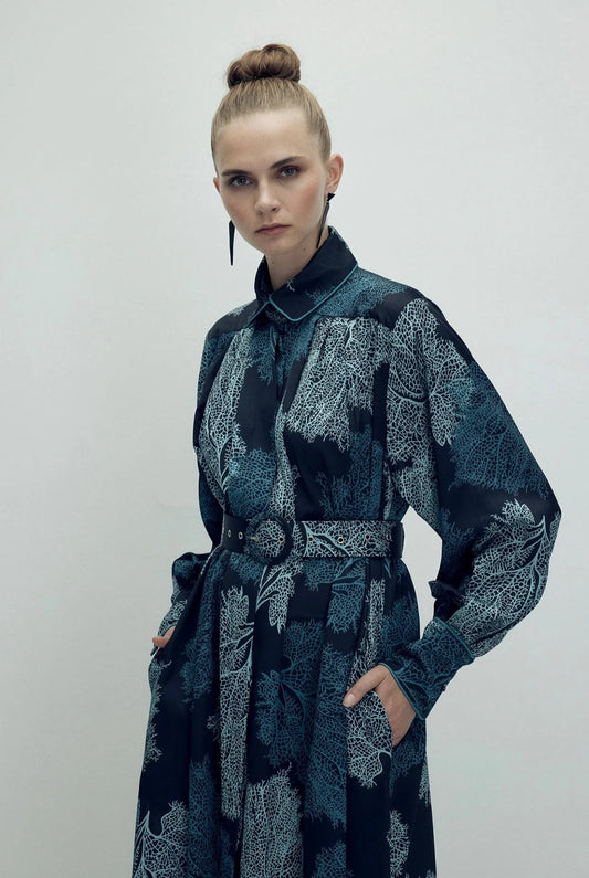 Latifah blue printed maxi shirt dress three quarter view