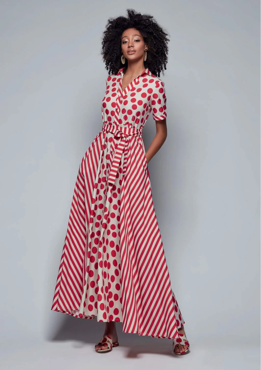 Polka Dot & Stripe Maxi Shirt Dress
