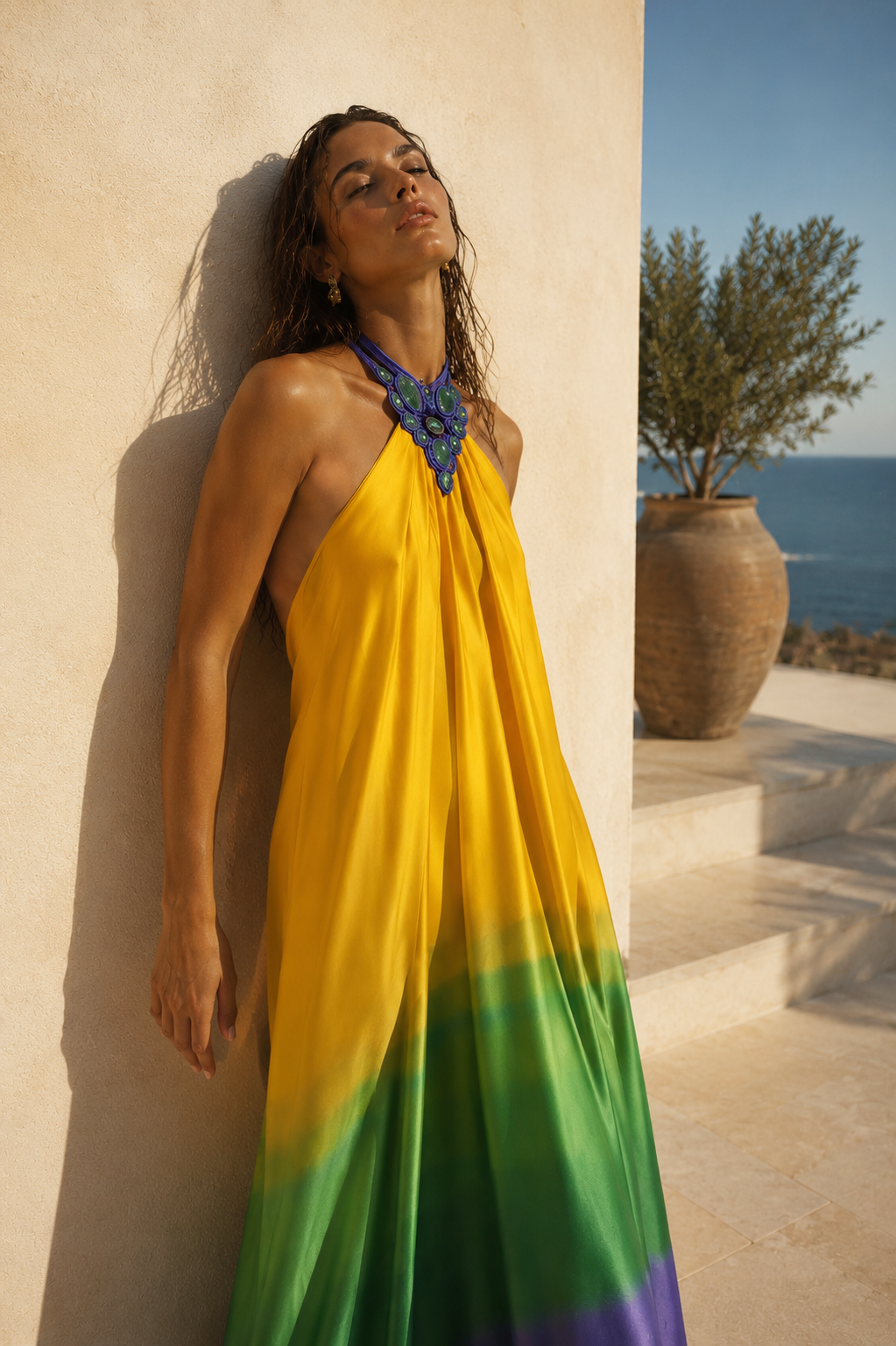 colorful backless halter maxi dress by SOPHiEL. Occasion wear, wedding Guest dresses