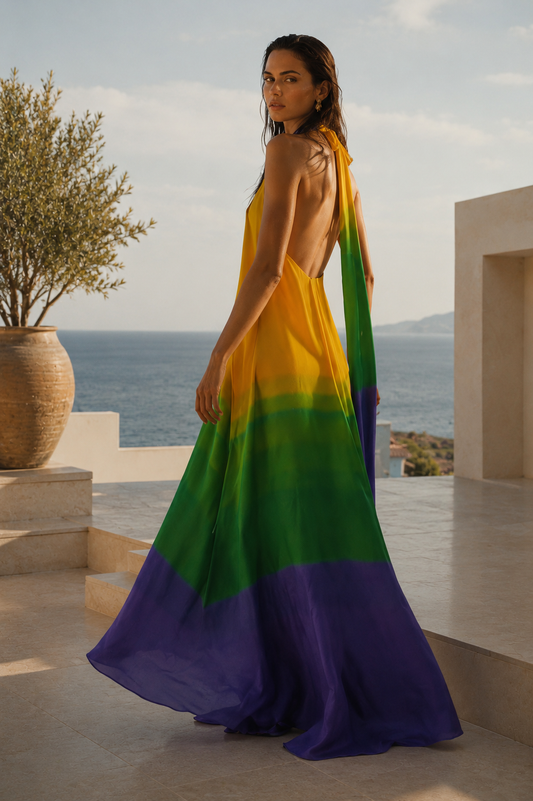 colorful backless halter maxi dress by SOPHiEL