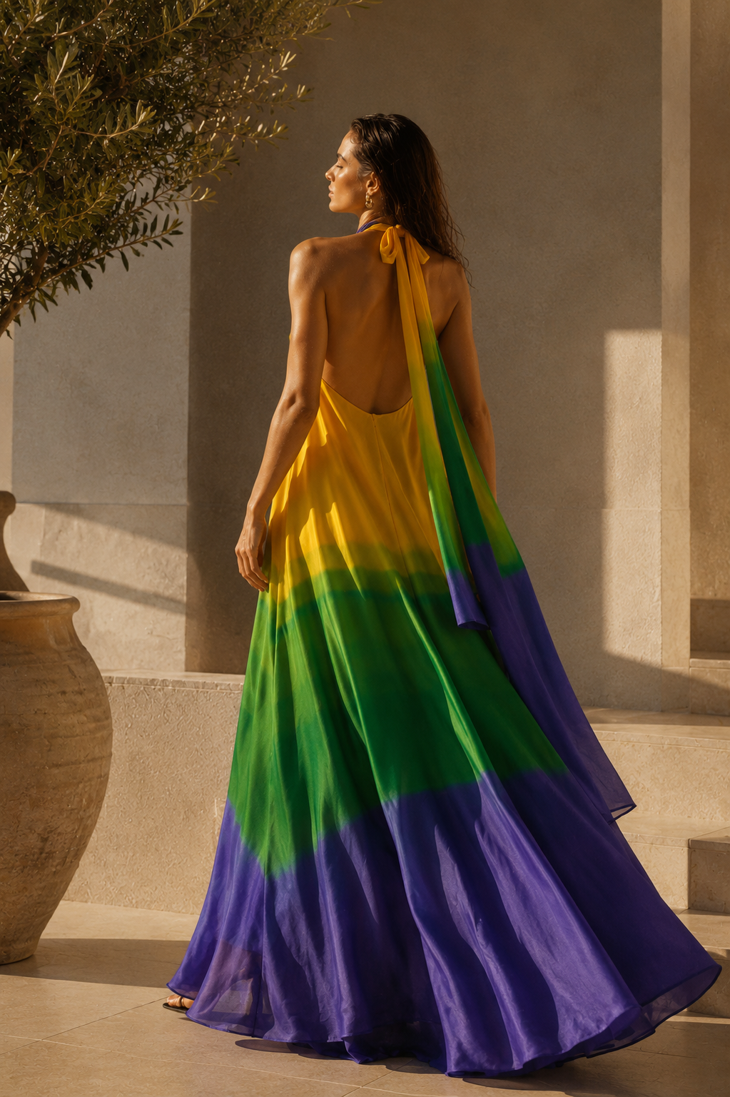 flowing yellow, emerald green and lavender halter maxi dress by SOPHiEL