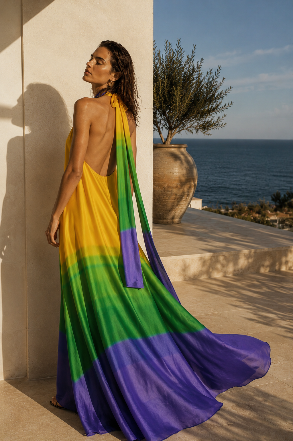 backless gradient yellow, green and lavender maxi dress by SOPHiEL 