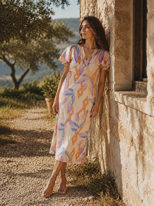 Printed Midi Dress with Flutter Sleeves