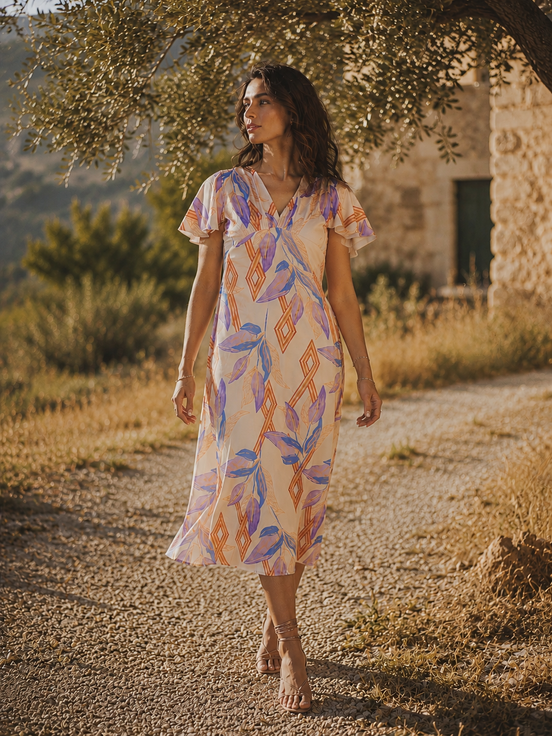 Flute-sleeve midi satin dress with a colorful abstract print. Sophiel 