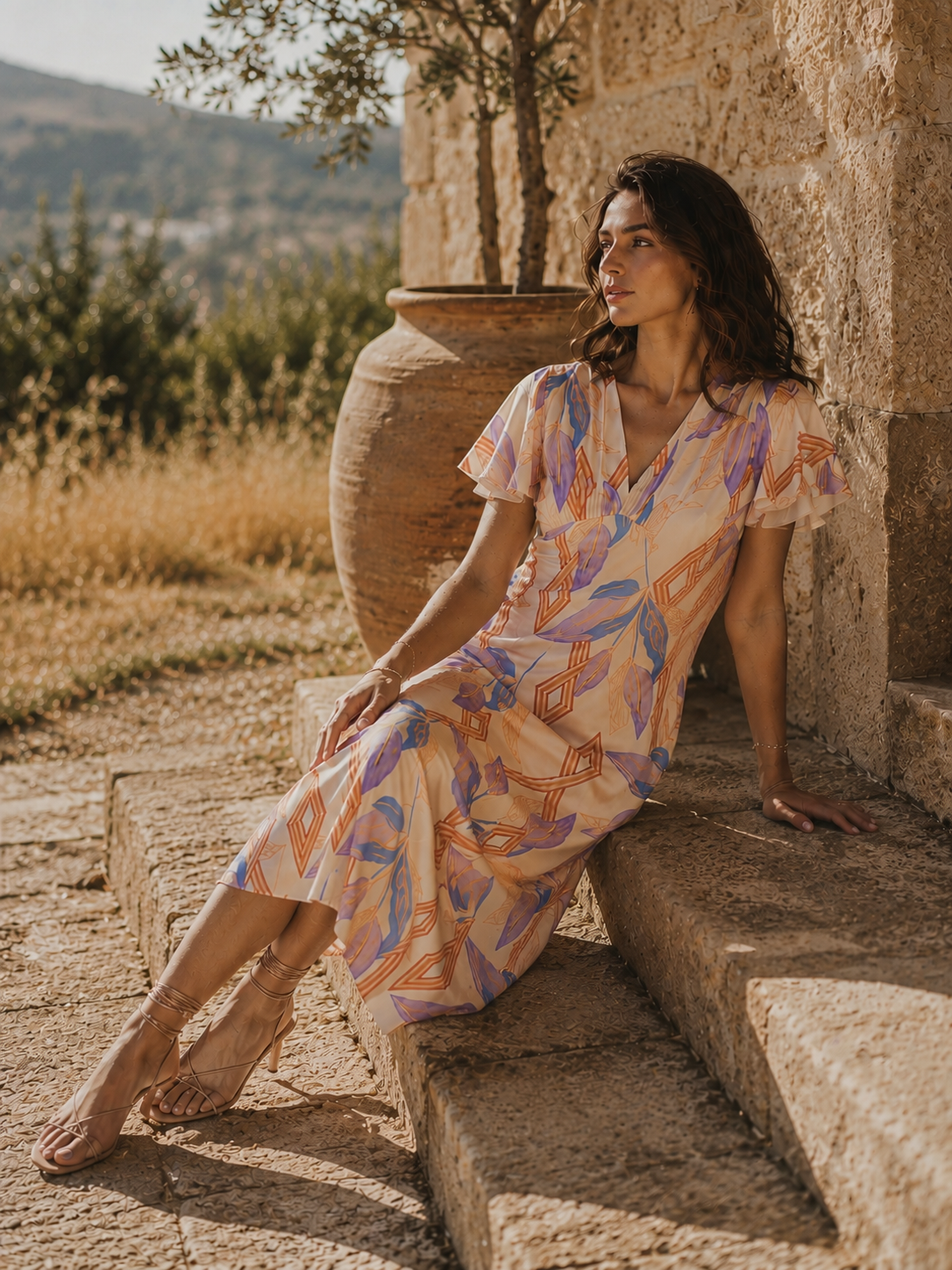 Short-sleeve V-neck midi dress with a colorful geometric pattern in orange, purple, and blue on a cream base. Sophiel 
