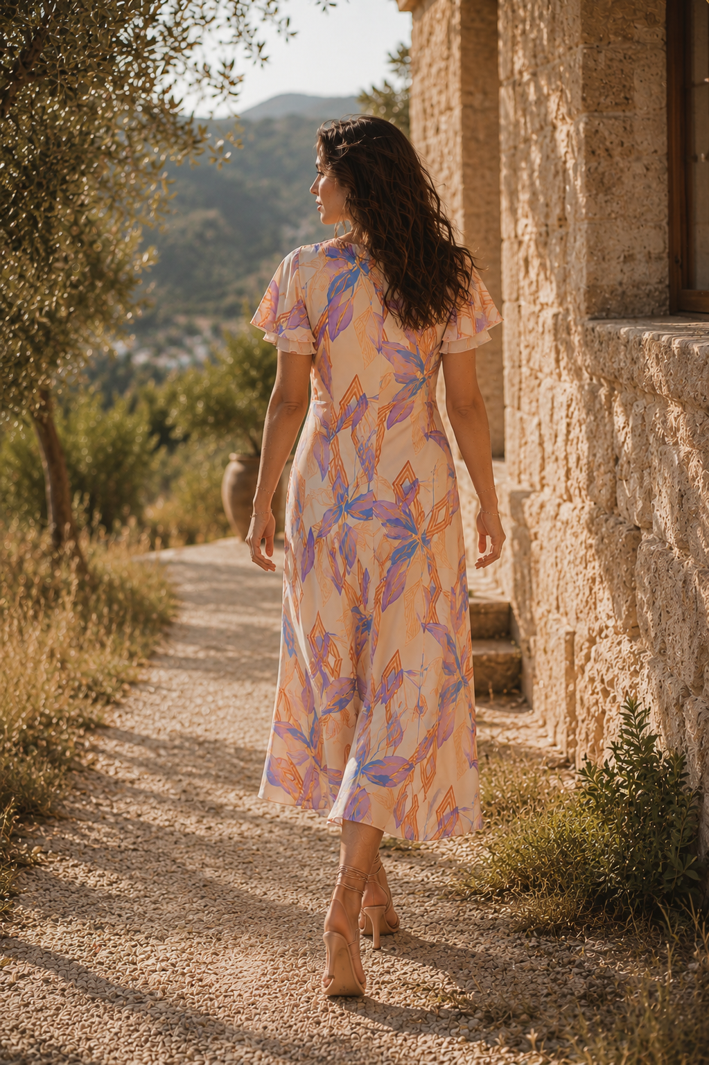 Back view of a short sleeve midi dress with a pastel multicolor floral pattern. 
