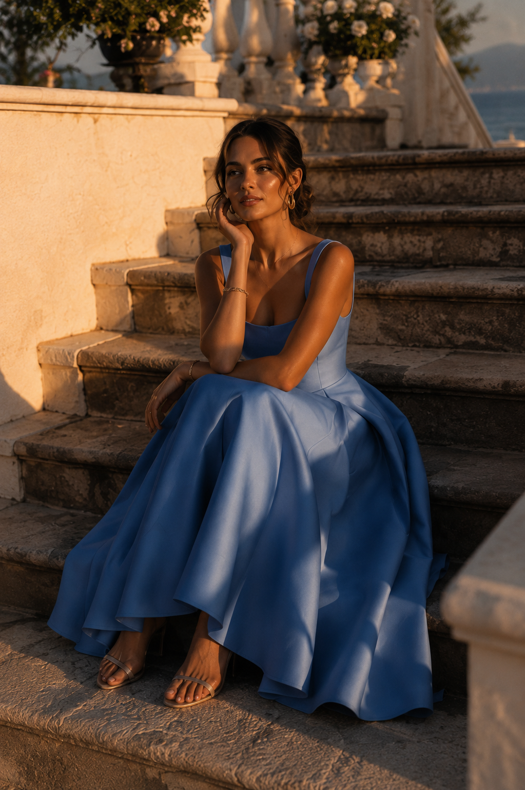 Blue midi dress with structured bodice and A-line flared skirt, elegant silhouette. Sophiel Occasion wear
