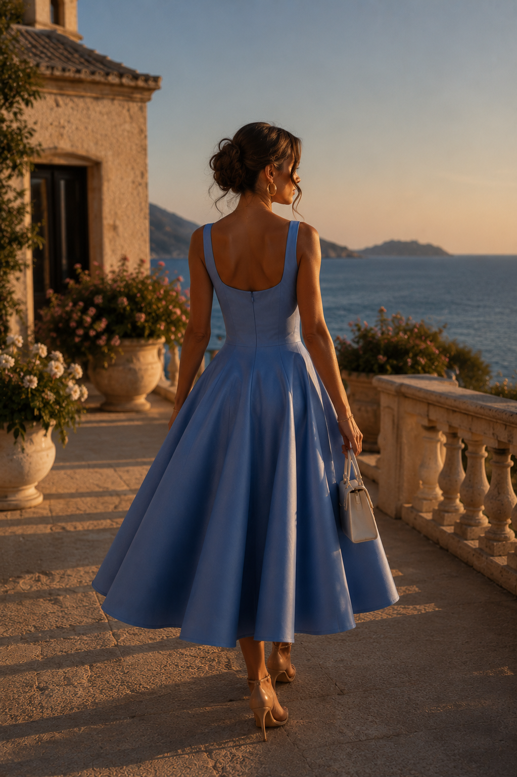 light blue sleeveless midi dress with a structured back and full skirt. Sophiel occasion wear