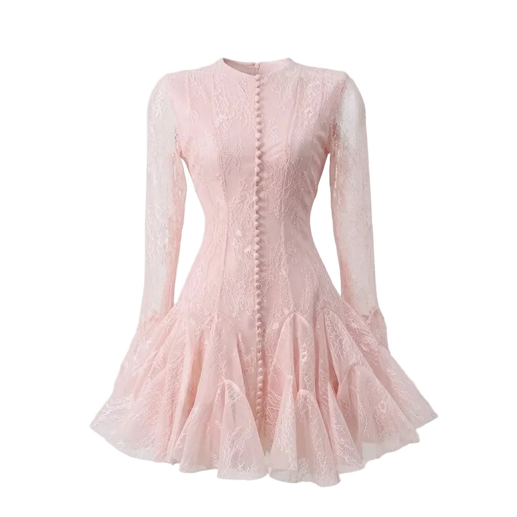Soft pink lace ruffled mini dress front view