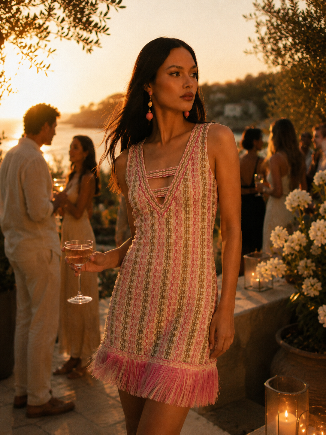 knitted fringed cocktail knit mini dress