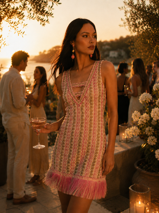 knitted fringed cocktail knit mini dress
