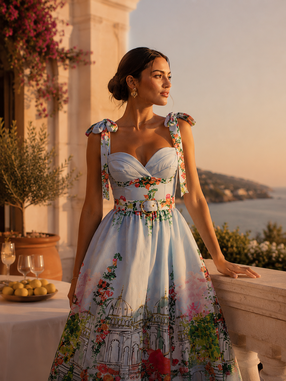 sky blue balconette midi and party romantic dress