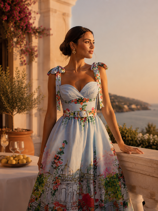 sky blue balconette midi and party romantic dress