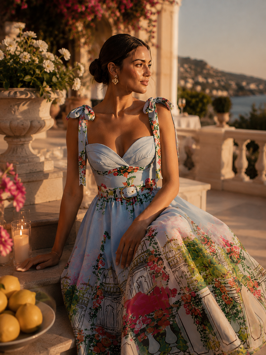 blue Balconette midi floral occasion dress