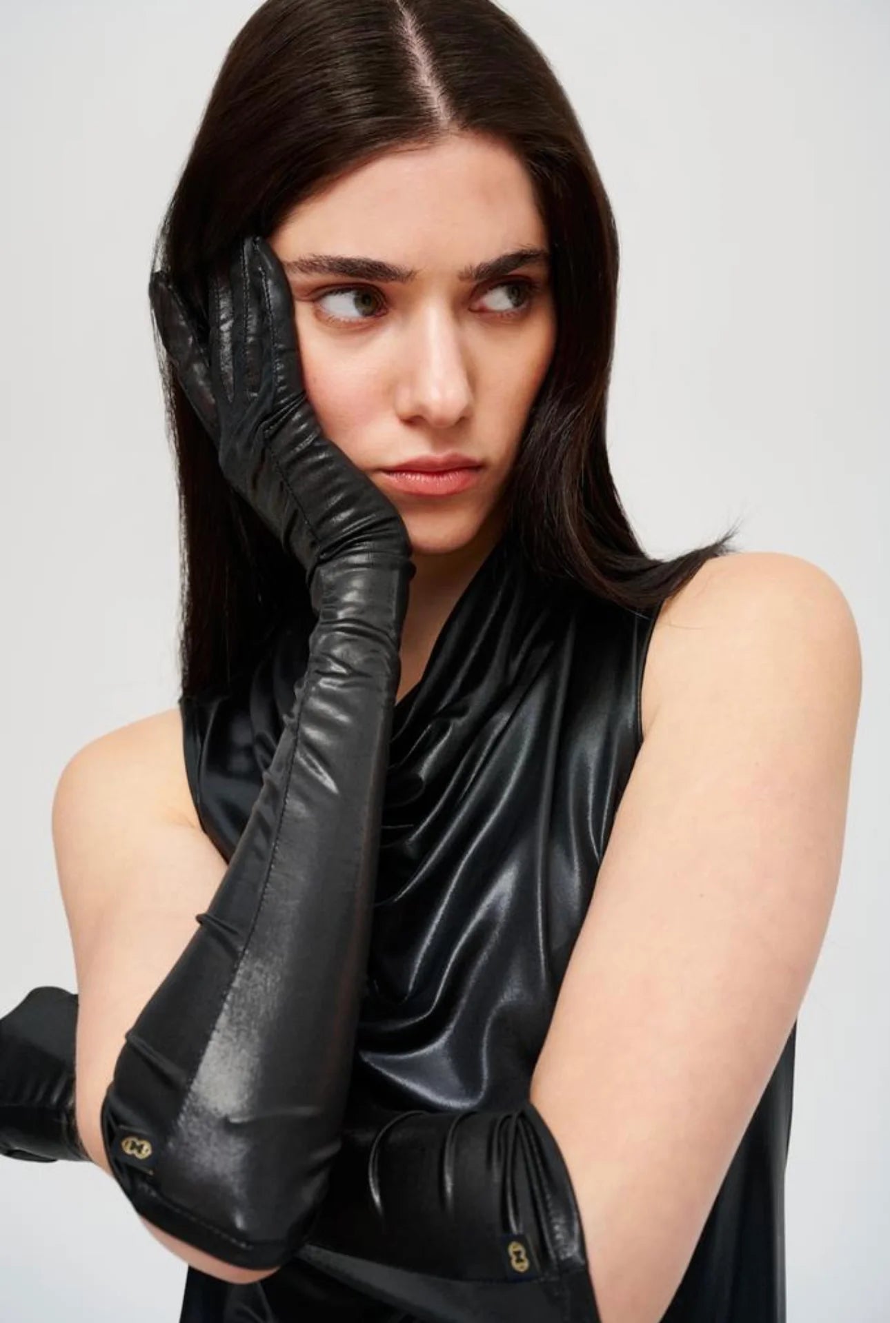 Metallic Black Long Faux Leather Gloves